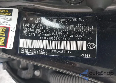 2011 Toyota Avalon Limited z USA, uszkodzony, nr VIN 4T1BK3DB3BU396142